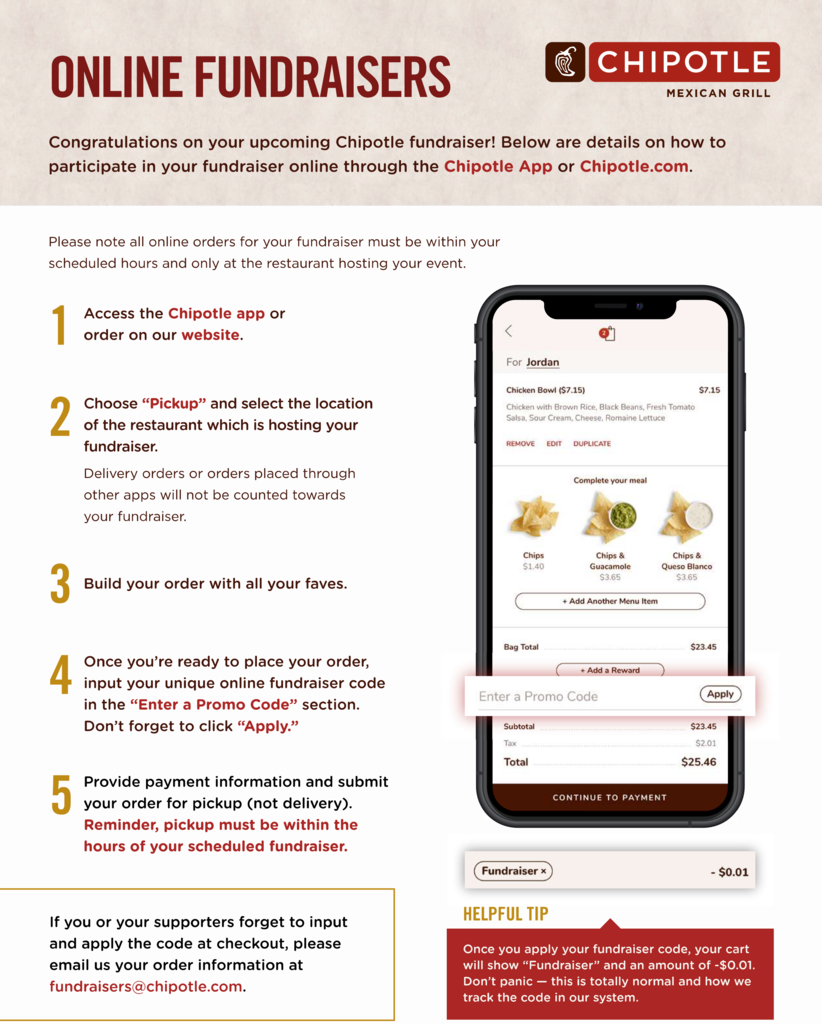 Online ordering instructions for Chipotle restaurant.